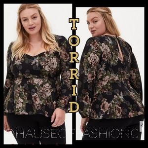 TORRID Black Skulls & Floral Sweetheart Kneck Peplum Crepe Top! NWT!